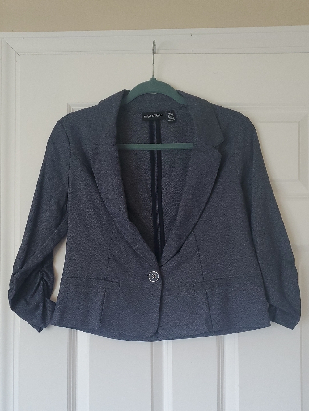 Nina Leonard Navy Single-Button 3/4 Sleeve Blazer